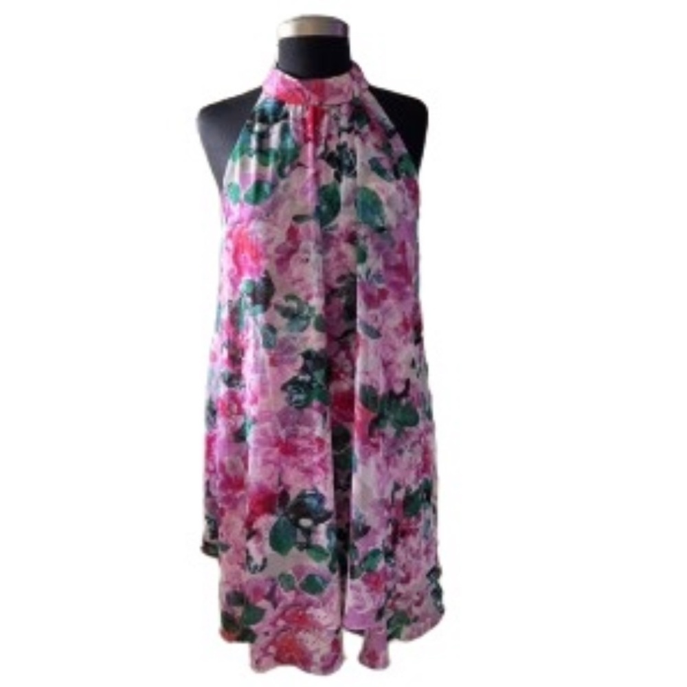 Eliza J Trapeze Floral Halter Turtleneck With Keyhole Closure In Back Size 10